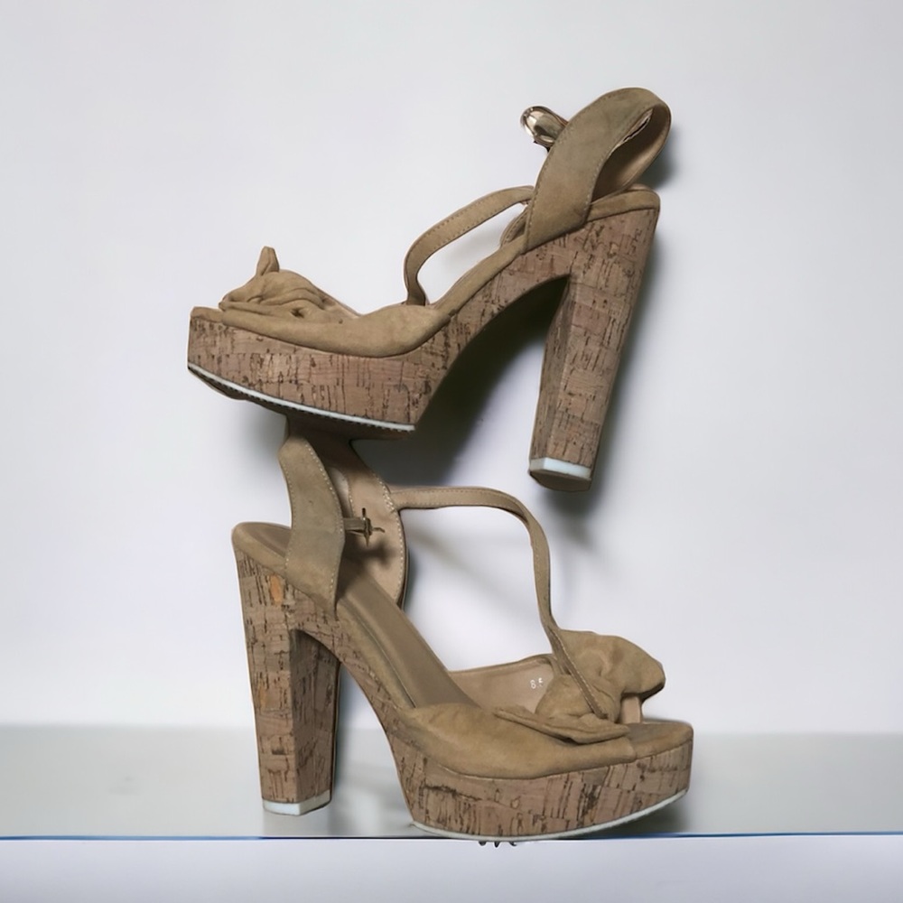 Cork Platform Shoes w/ Bow and Mary Jane Closure Strap Tan White High Heels 8.5